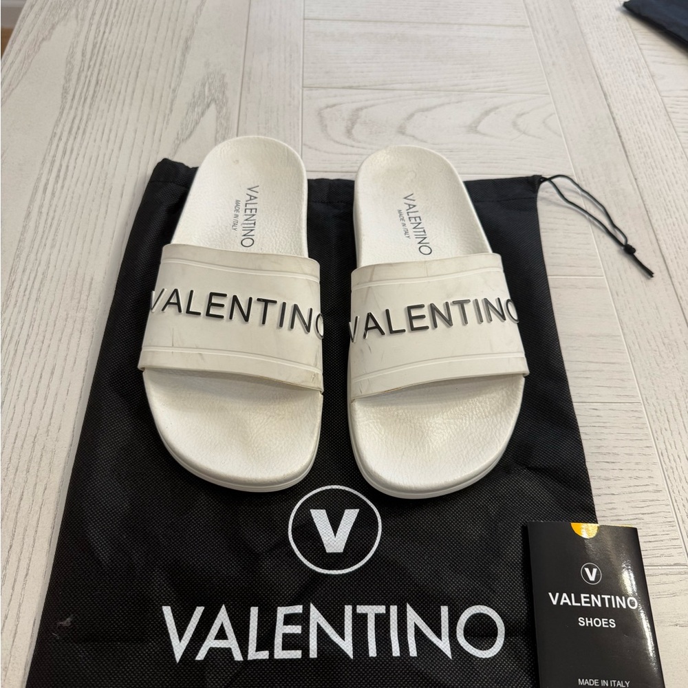Valentino Cream Slide Sandals with Logo
